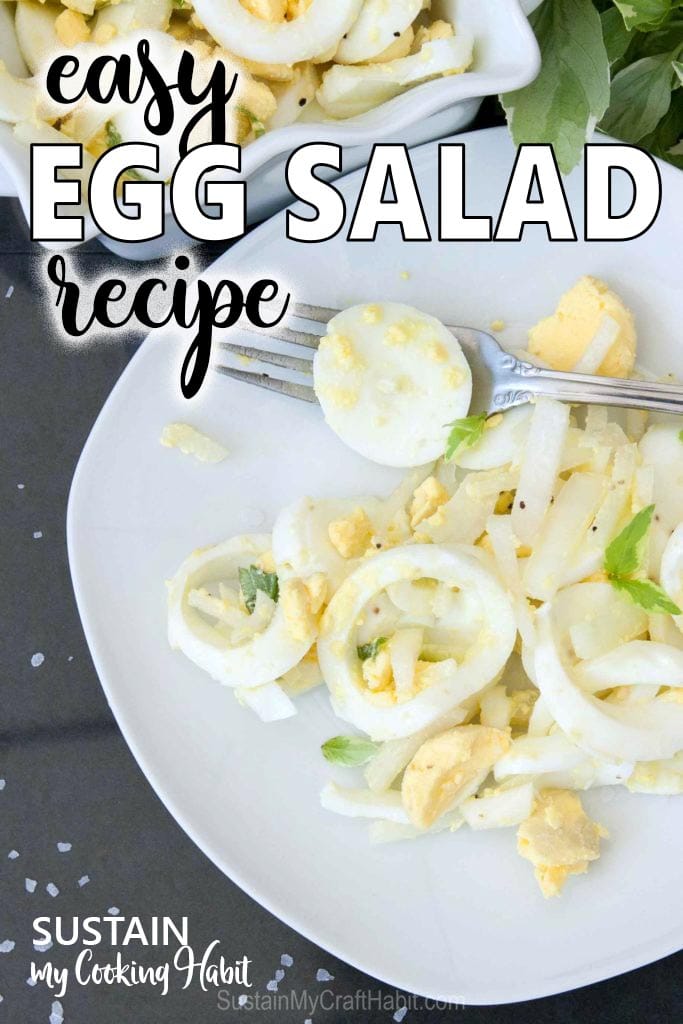 Image of the egg salad on a white plate with text overlay saying easy egg salad recipe