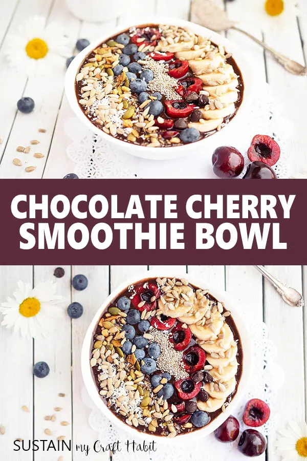 So TASTY! This vegan chocolate cherry smoothie bowl recipe is packed with healthy fruits and seeds. A perfect healthy breakfast option or snack idea. #smoothiebowl #vegan #cherryrecipe #vegetarian #plantbased #smoothierecipe #smoothies #sustainmycrafthabit