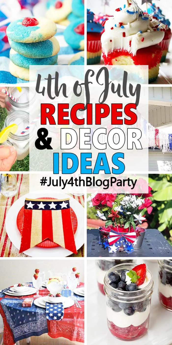 Collage of ideas for celebrating the 4th of July including food, drinks and decorations. 