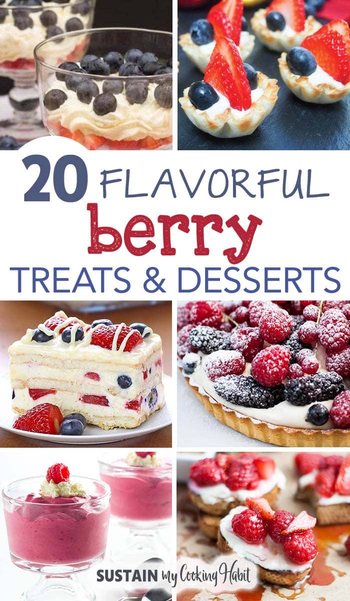 Collage of fresh berry dessert recipes and ideas including parfaits, cakes, cookies, pudding and more.