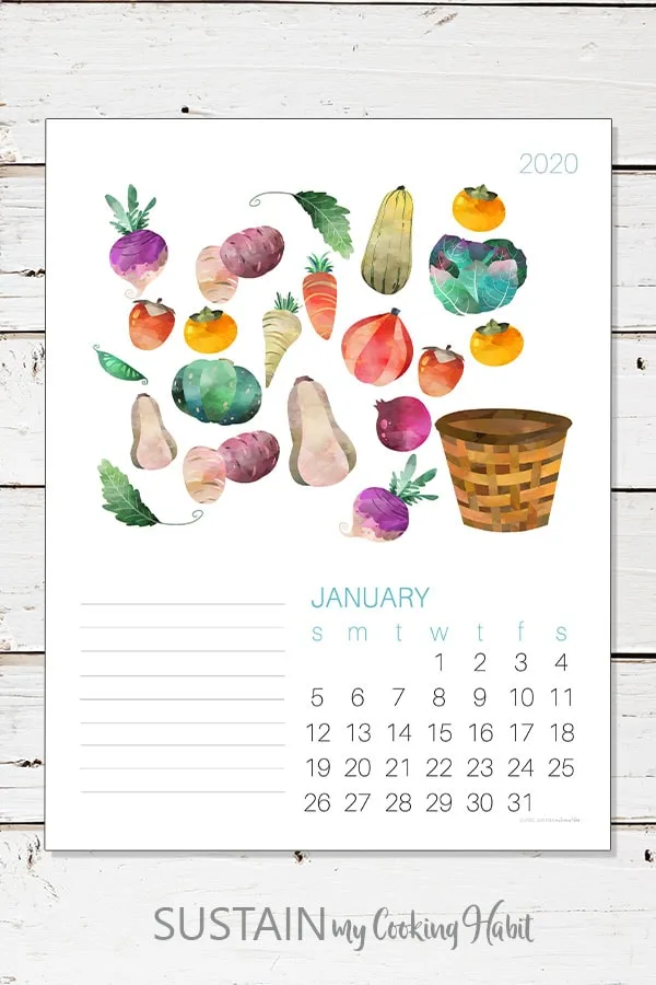 Image of the January 2020 calendar page on a white plank background.