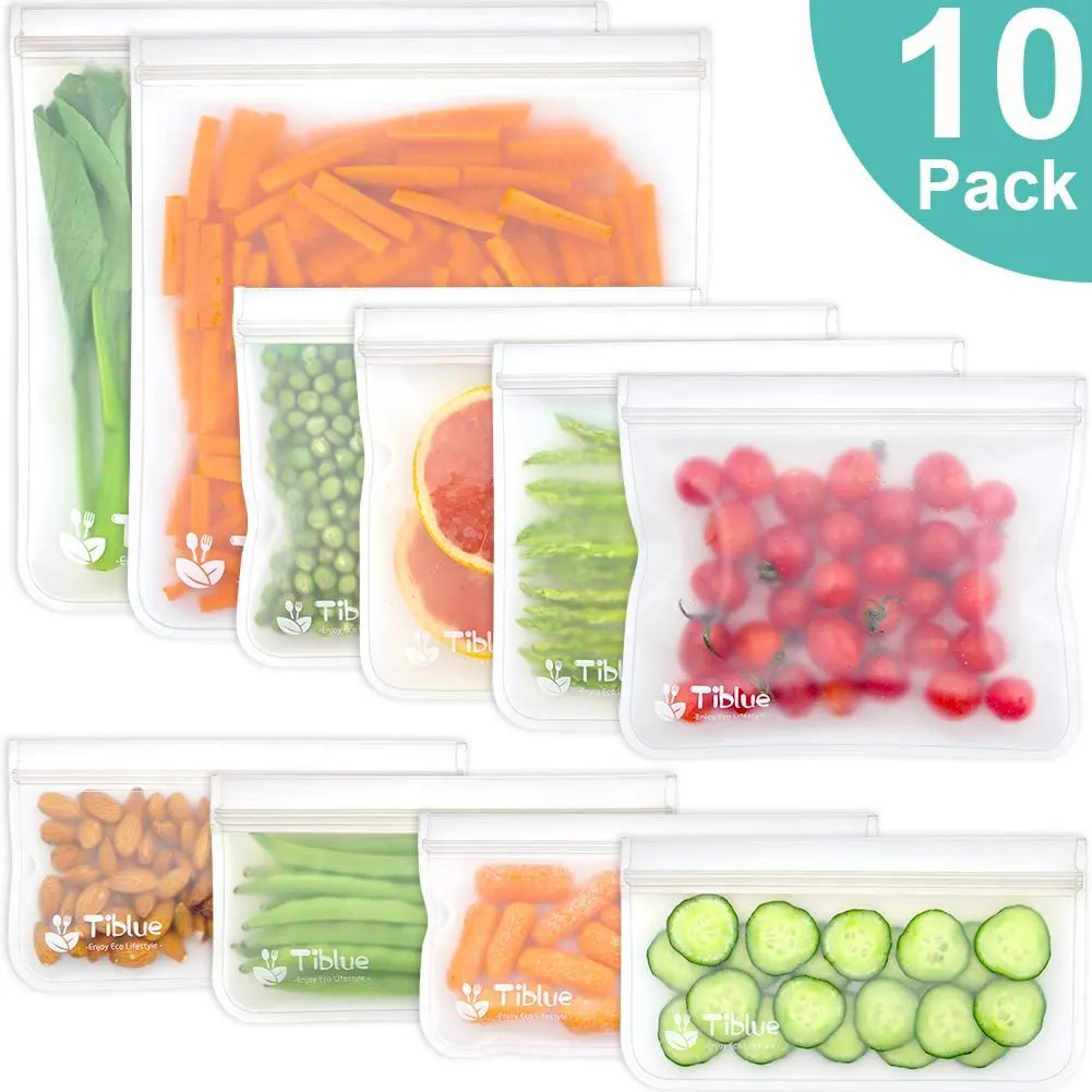 A ten pack of reusable freezer bags. Each bag is holding food, such as cucumbers, cherries, carrots, almonds.