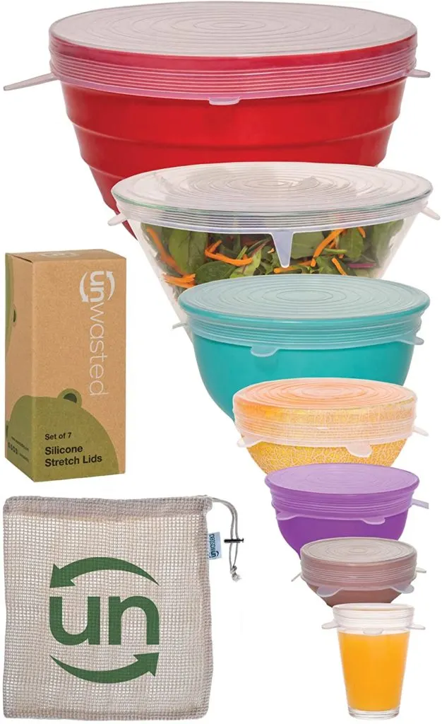 Silicone food wraps covering varying sizes of bowls.
