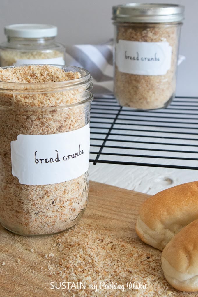 Two glass mason jars filled with homemade bread crumbs.