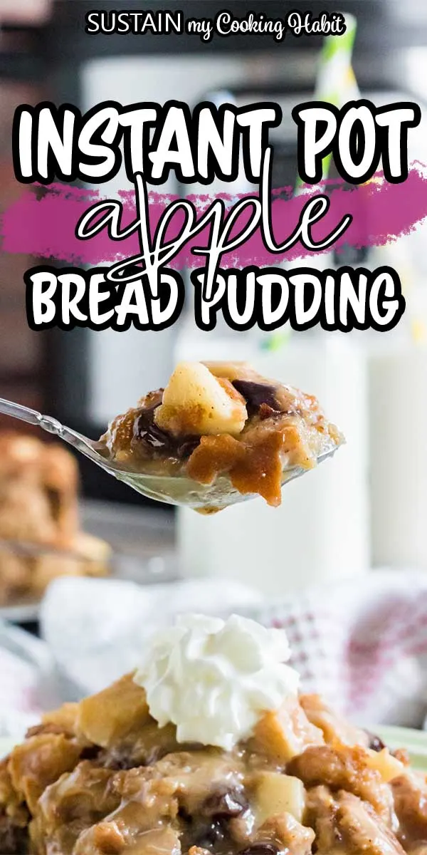 Close up image of a spoon heaping with baked Instant Pot apple bread pudding. 