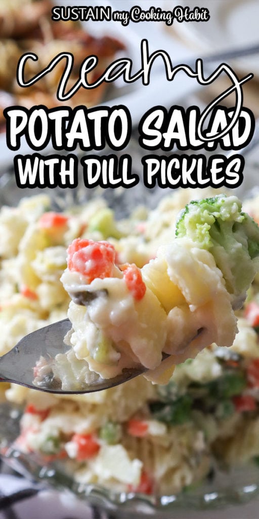 pinnable graphic showing potato salad with dill pickles