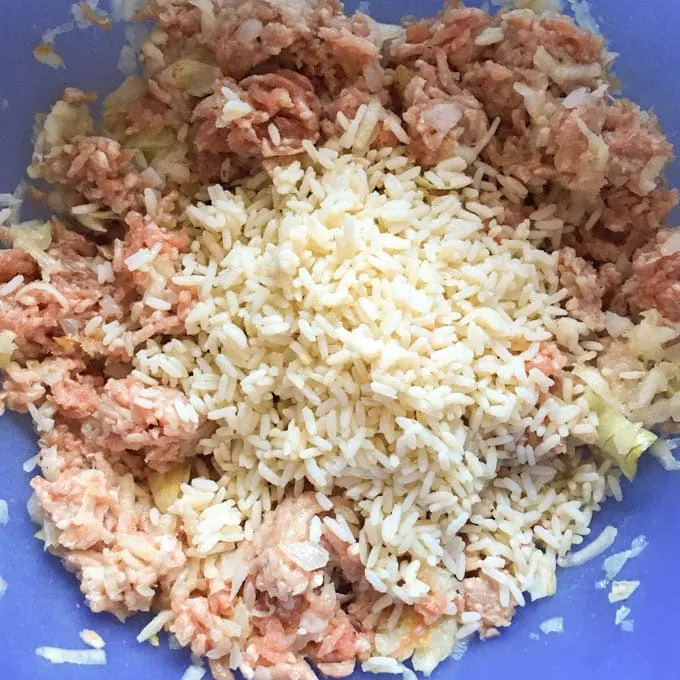 Mixture with cooked rice and meat in a bowl.