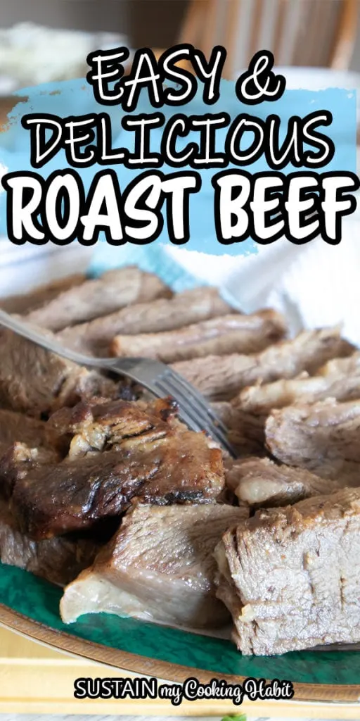 Cooked roast beef with text overlay.