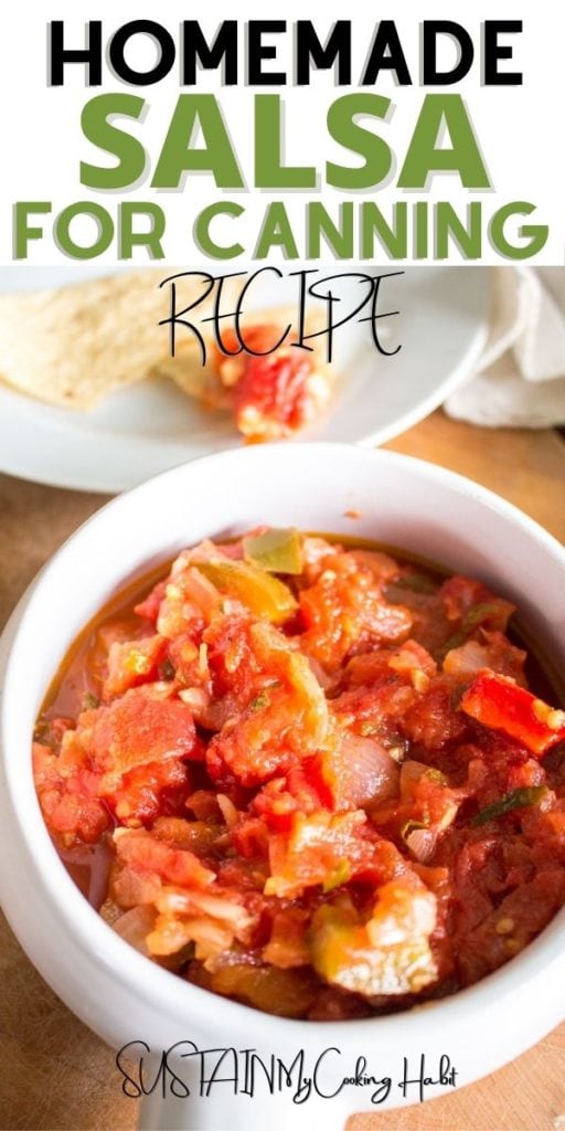 Close up of homemade salsa in a bowl with text overlay.