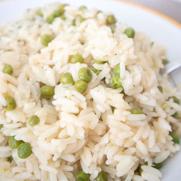 close up view of rice and peas