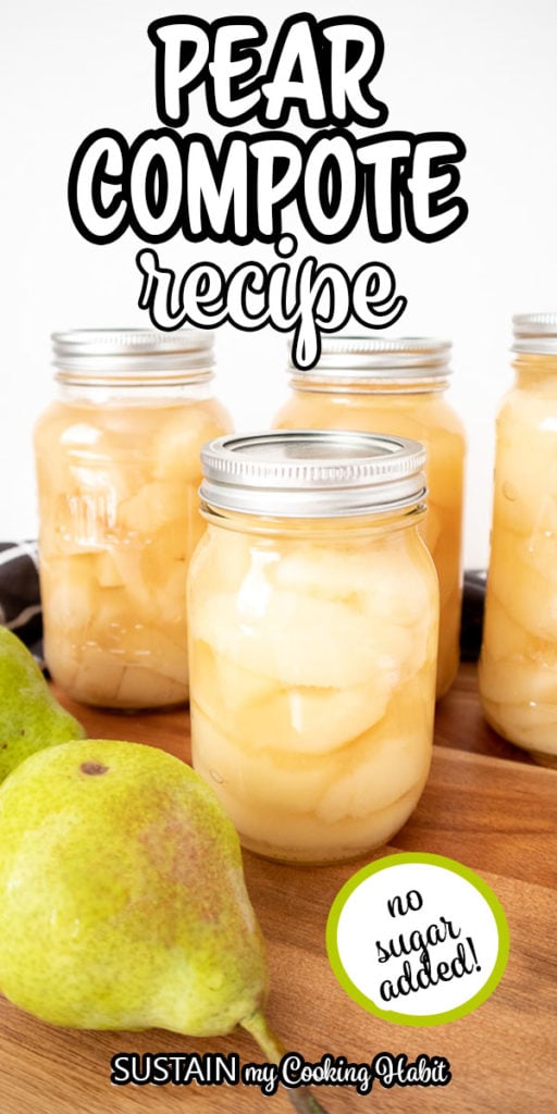 Canned pear compote and text overlay.