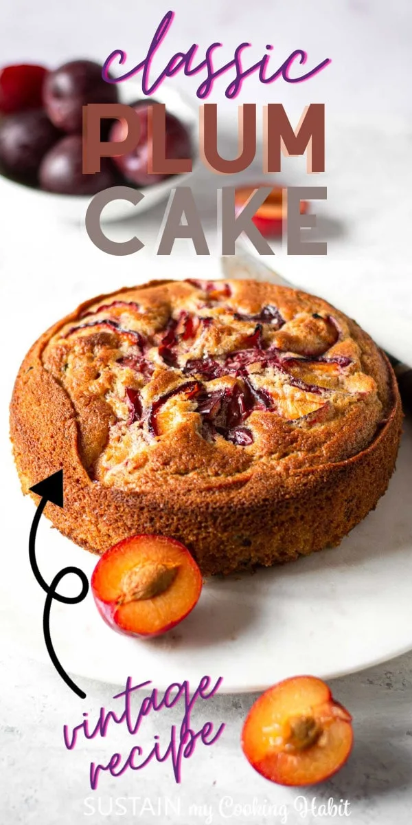 Arrow pointing to a classic plum cake with text overlay.