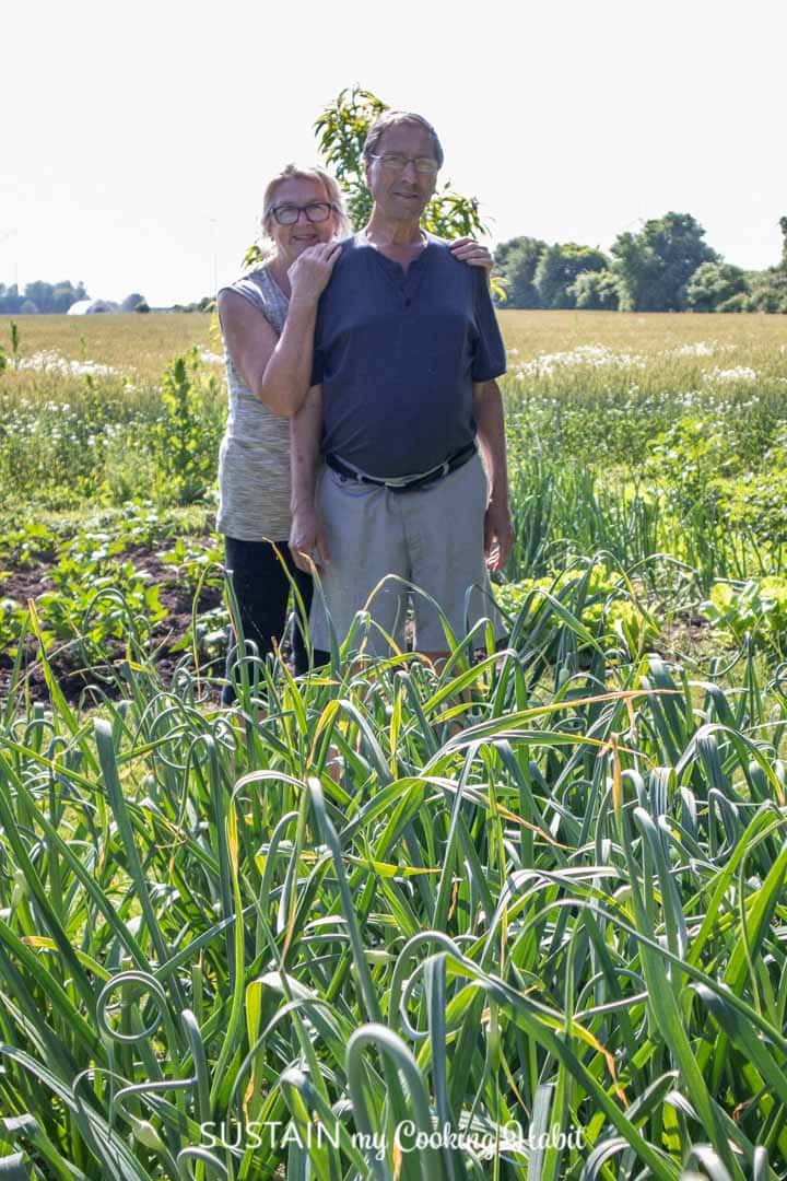 A man and a woman standing near a garden of garlic scapes.