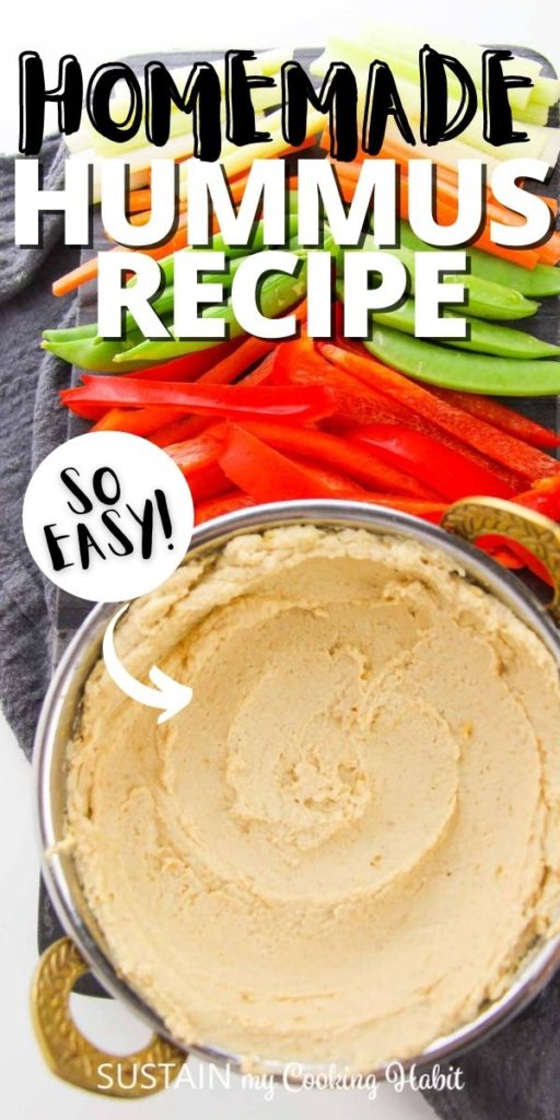 Homemade hummus on a platter with fresh vegetables and text overlay.