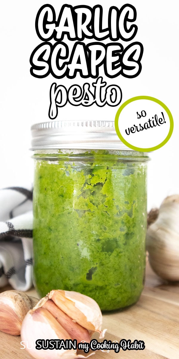 Garlic scapes pesto in a jar with text overlay.