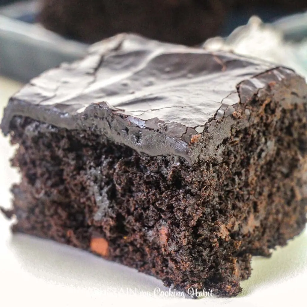 close up picture of a slice of double chocolate zucchini brownies