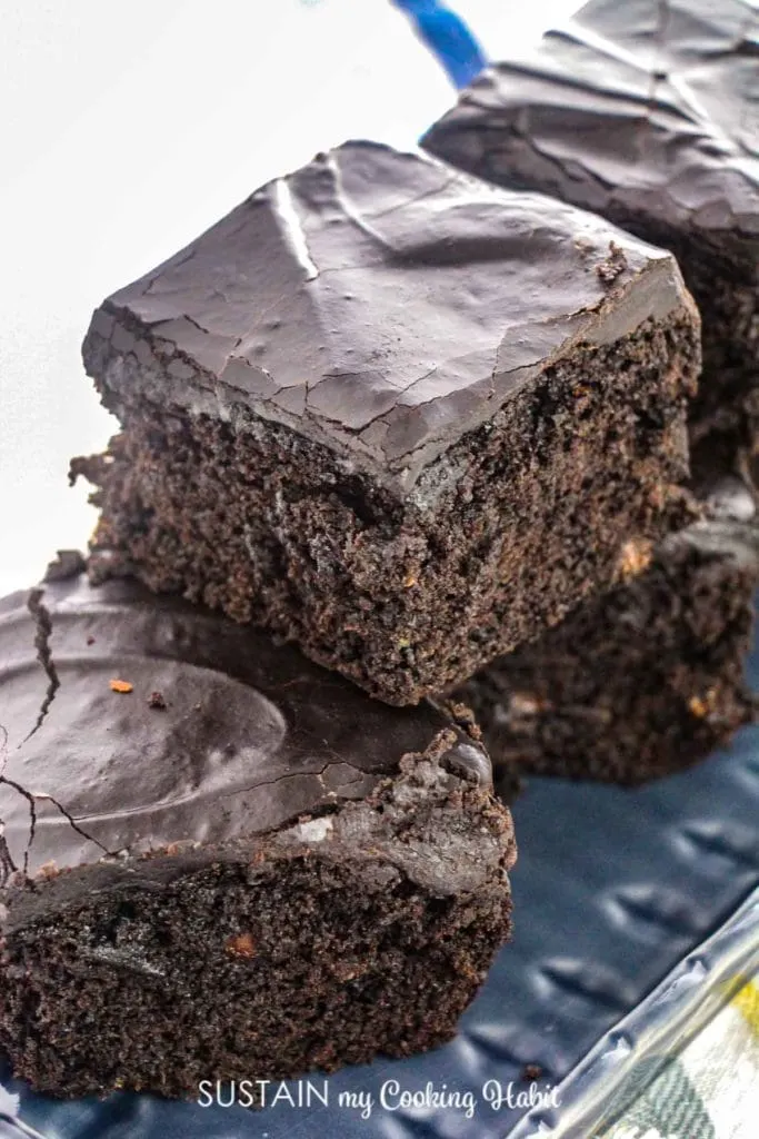 Double chocolate Zucchini brownies cut into squares.