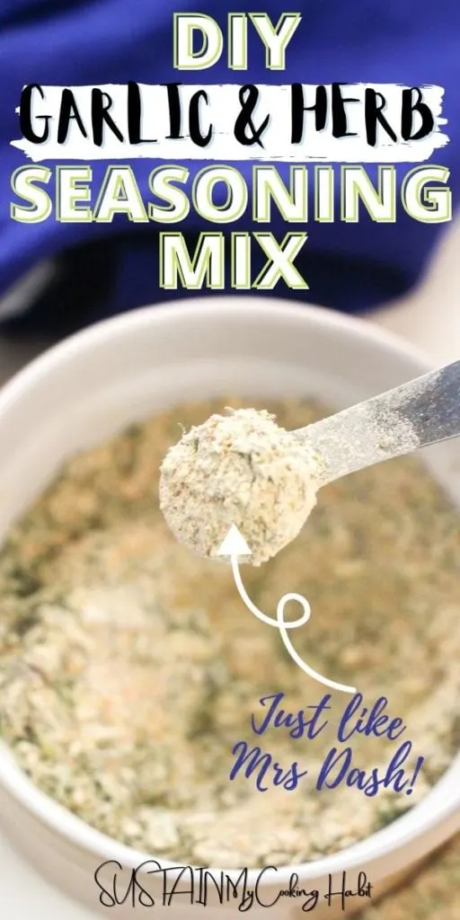 Scooping garlic and herb seasoning mix with a spoon with an arrow and text overlay.