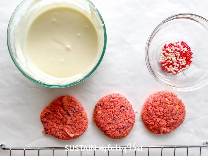 cookies, melted chocolate and sprinkles.