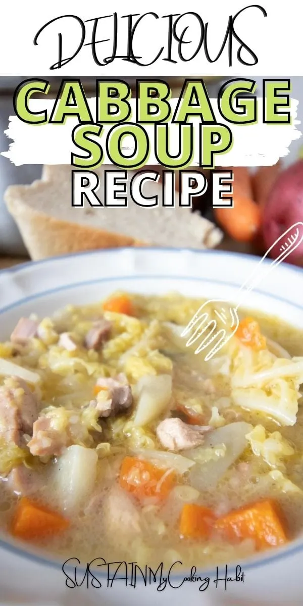 Close up of cabbage soup with text overlay.