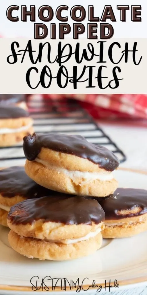 Chocolate dipped sandwich cookies stacked on a plate with text overlay.