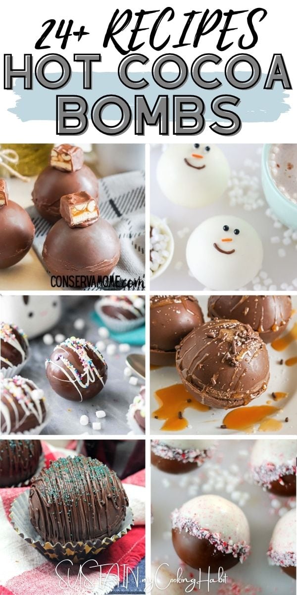 Collage of images showing six different types of hot cocoa bombs including white chocolate snowman, Snickers, peppermint and more.