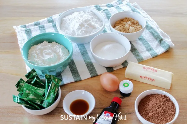 Wet and dry ingredients needed to make the chocolate mint cups recipe. 