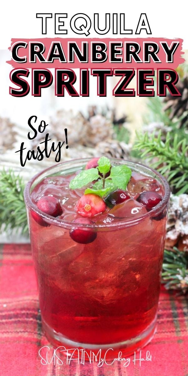 Tequila craberry spritzer in a clear cocktail glass garnished with fresh mint and cranberries.  