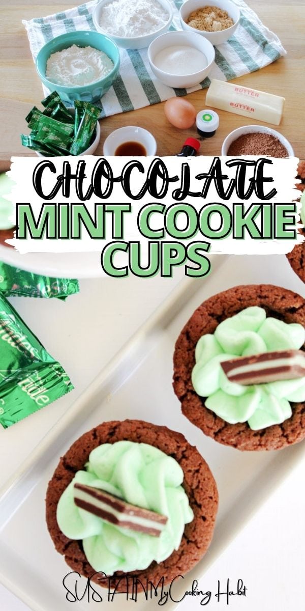 Collage image of ingredients and finished mint chocolate cookie cups.