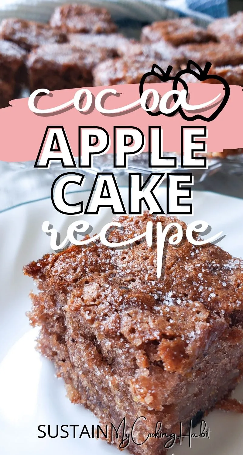 Cocoa apple cake cut into squares with text overlay.
