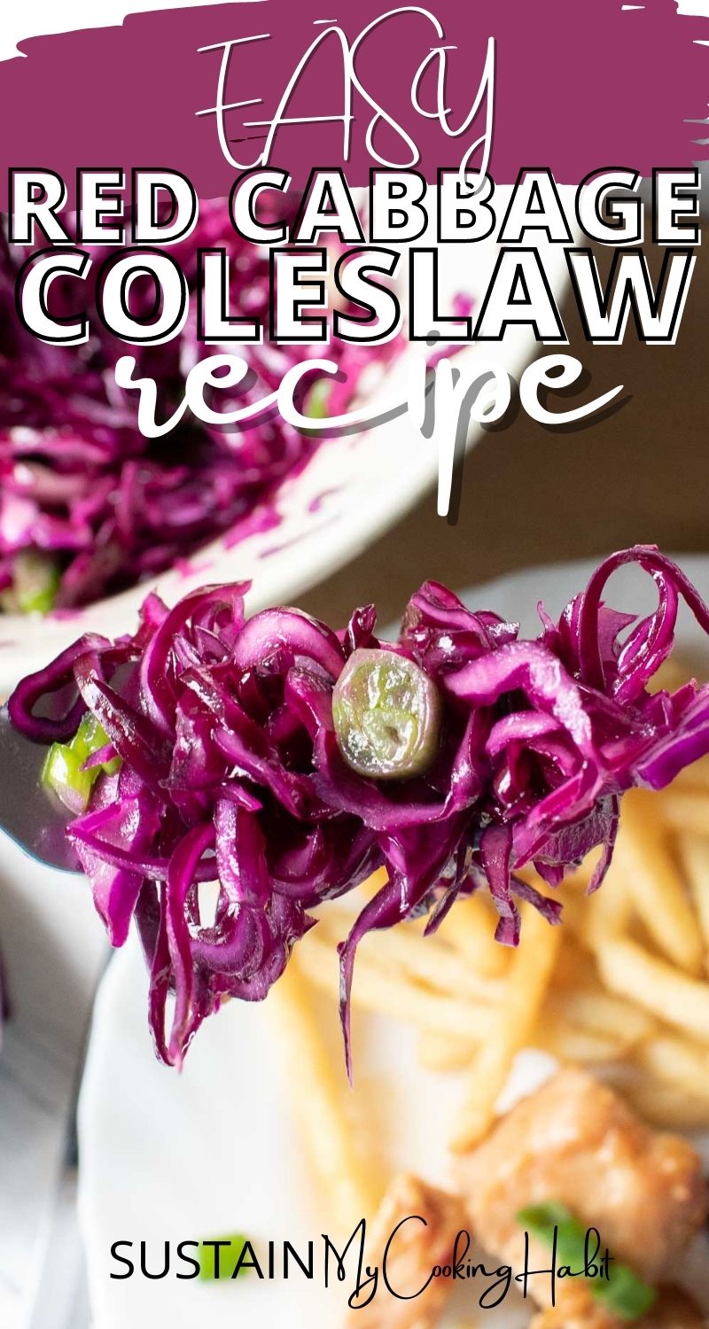 Close up image of simple red cabbage coleslaw on a fork.