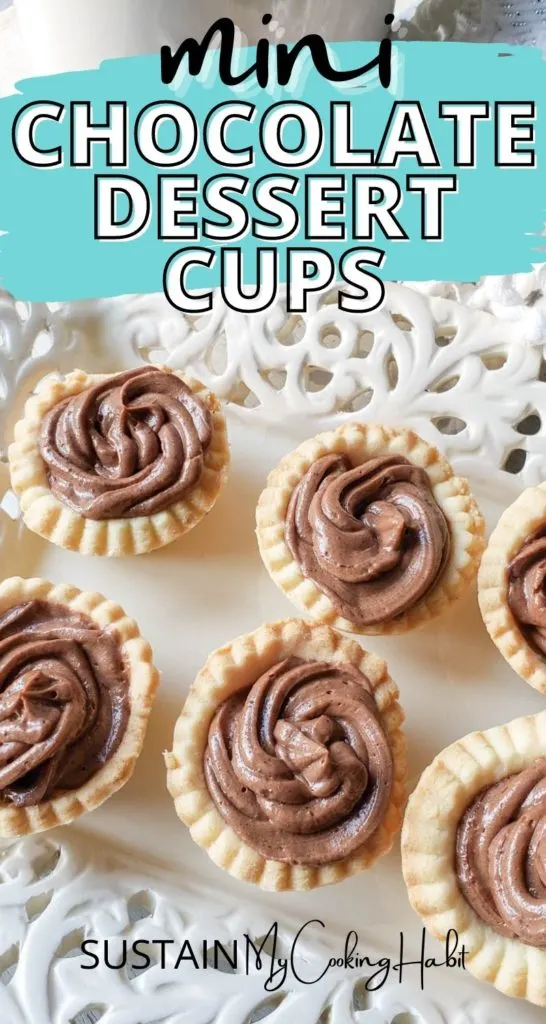 Mini chocolate dessert cups with text overlay.