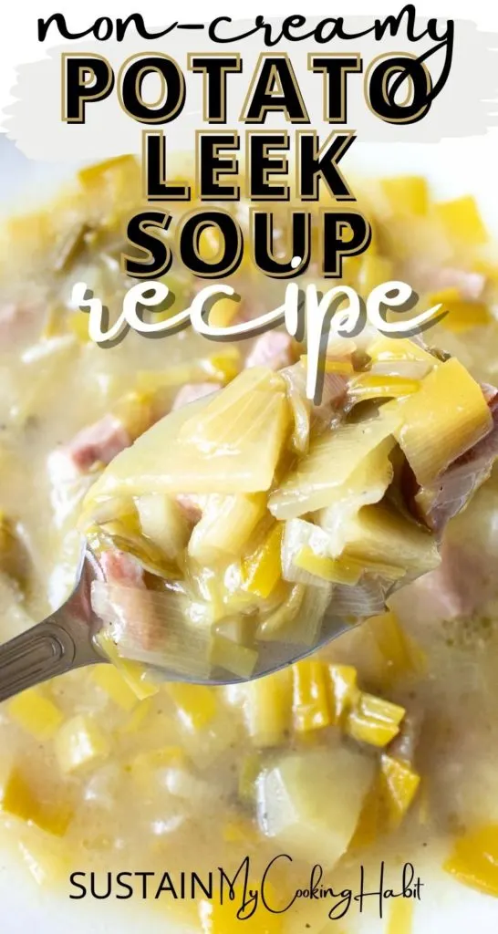 A spoonful of non creamy potato soup with text overlay.