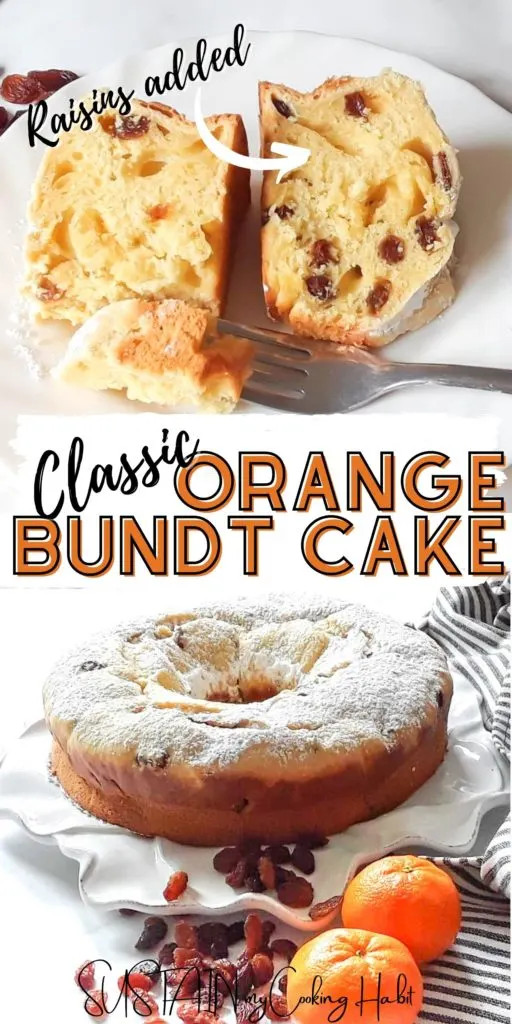 Orange bundt cake with powdered sugar, a slice on a plate and text overlay.