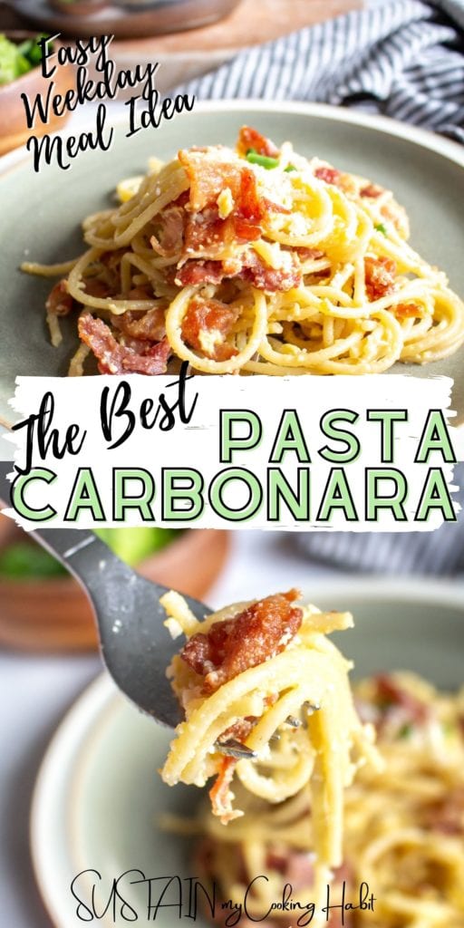 Pasta carbonara on a plate and on a fork with text overlay.