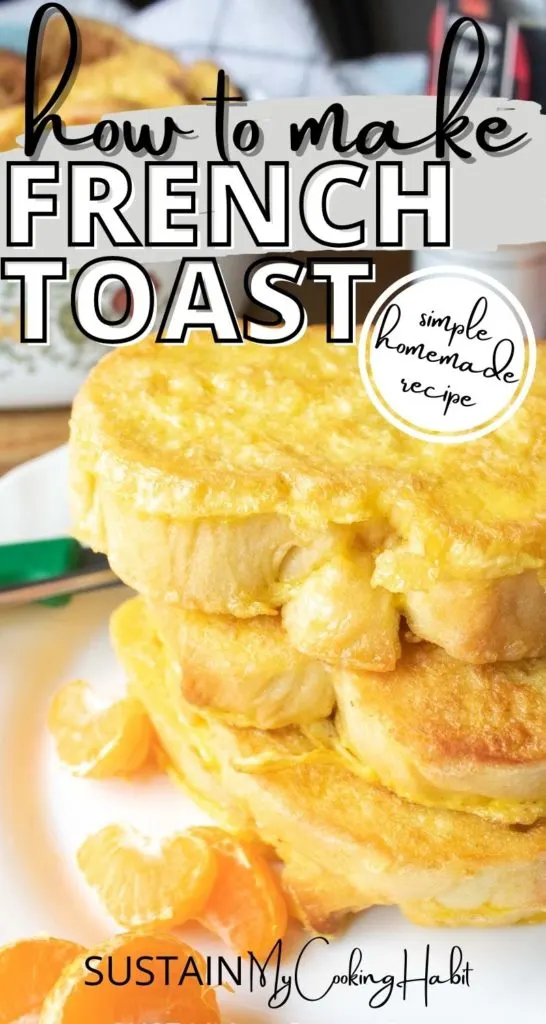 Stacked french toast on a plate with text overlay.