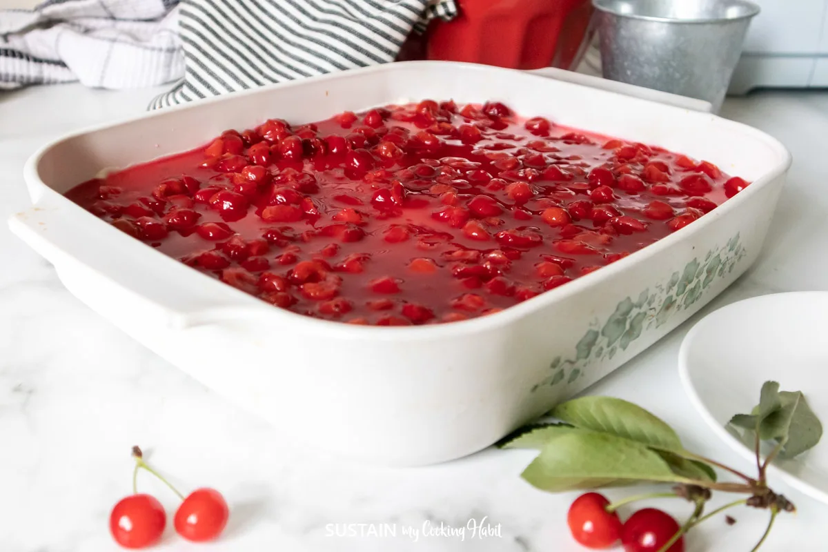 Pan full of sour cherry cheesecake surrounded by fresh cherries