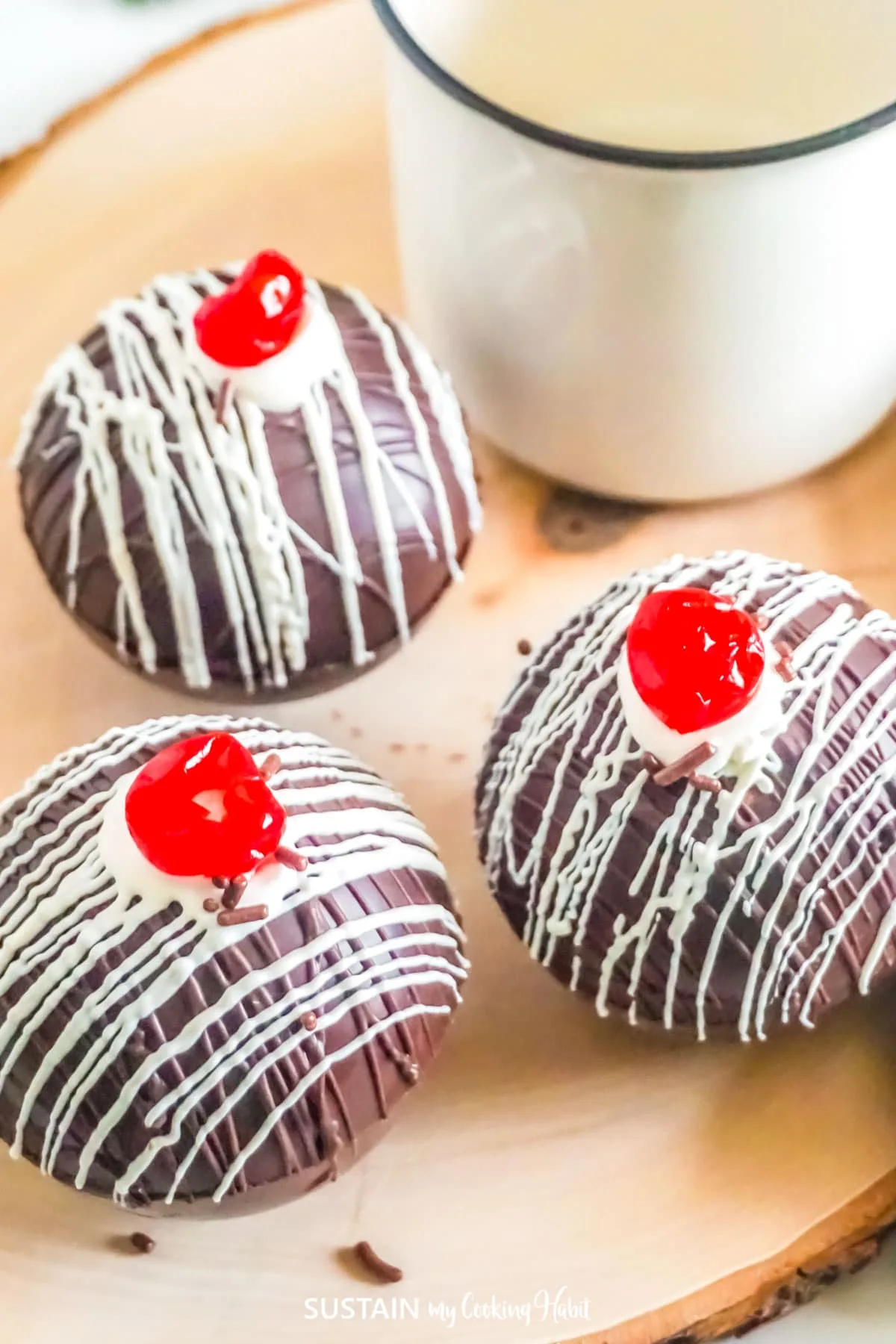 Chocolate covered cherry hot cocoa bombs.