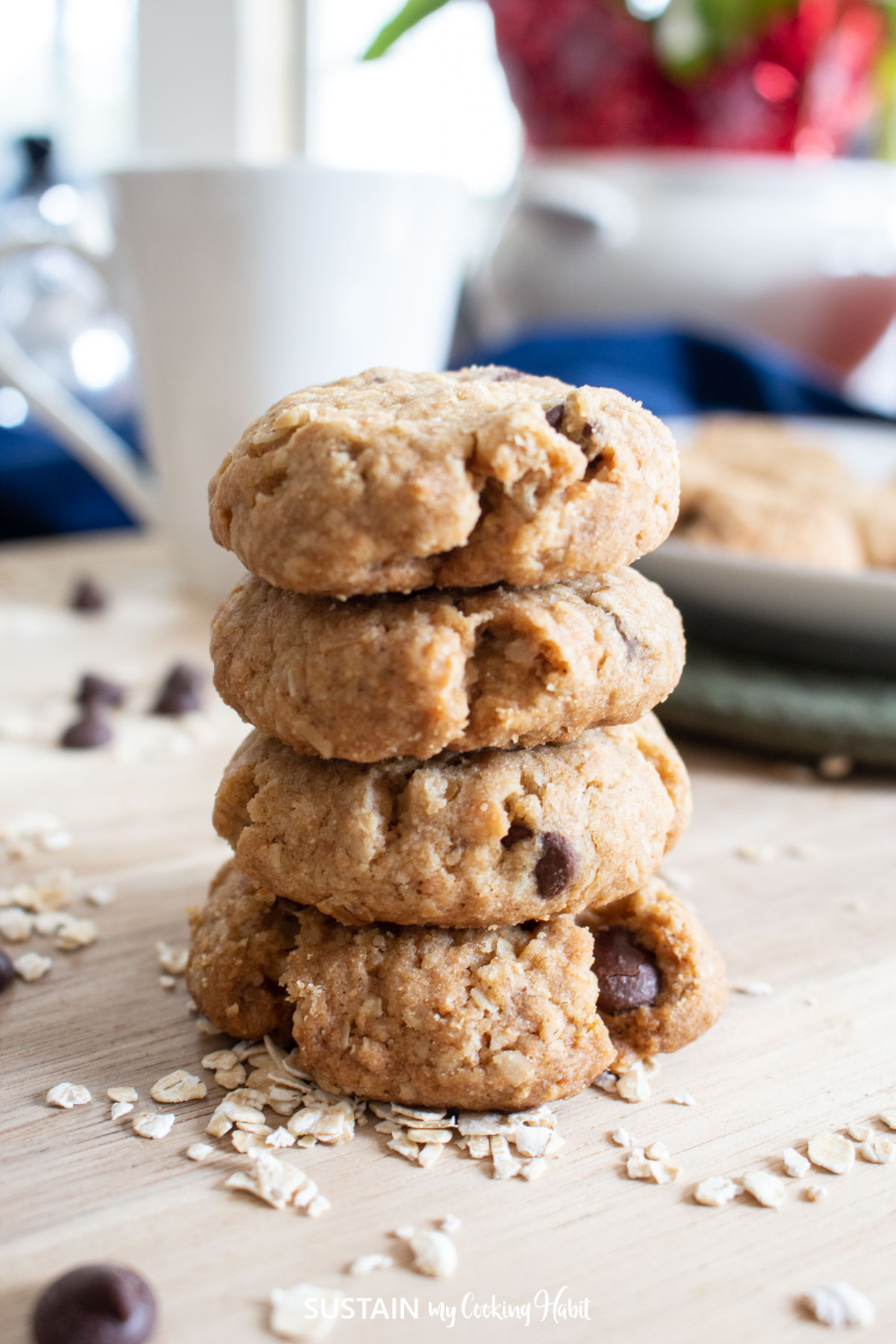 Old fashioned oatmeal chocolate chip cookies stacked together.