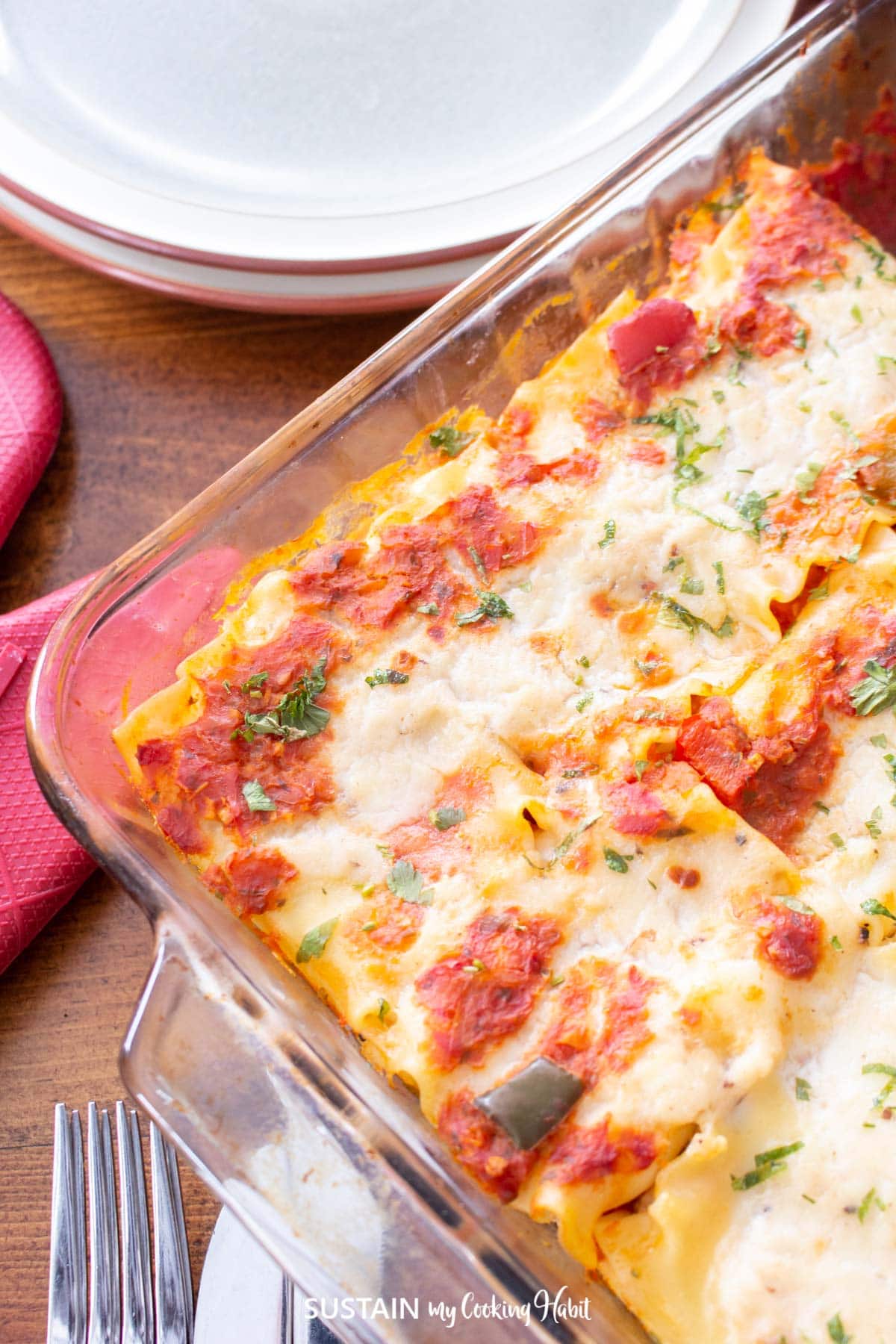 Leftover turkey cannelloni in a glass pan. 