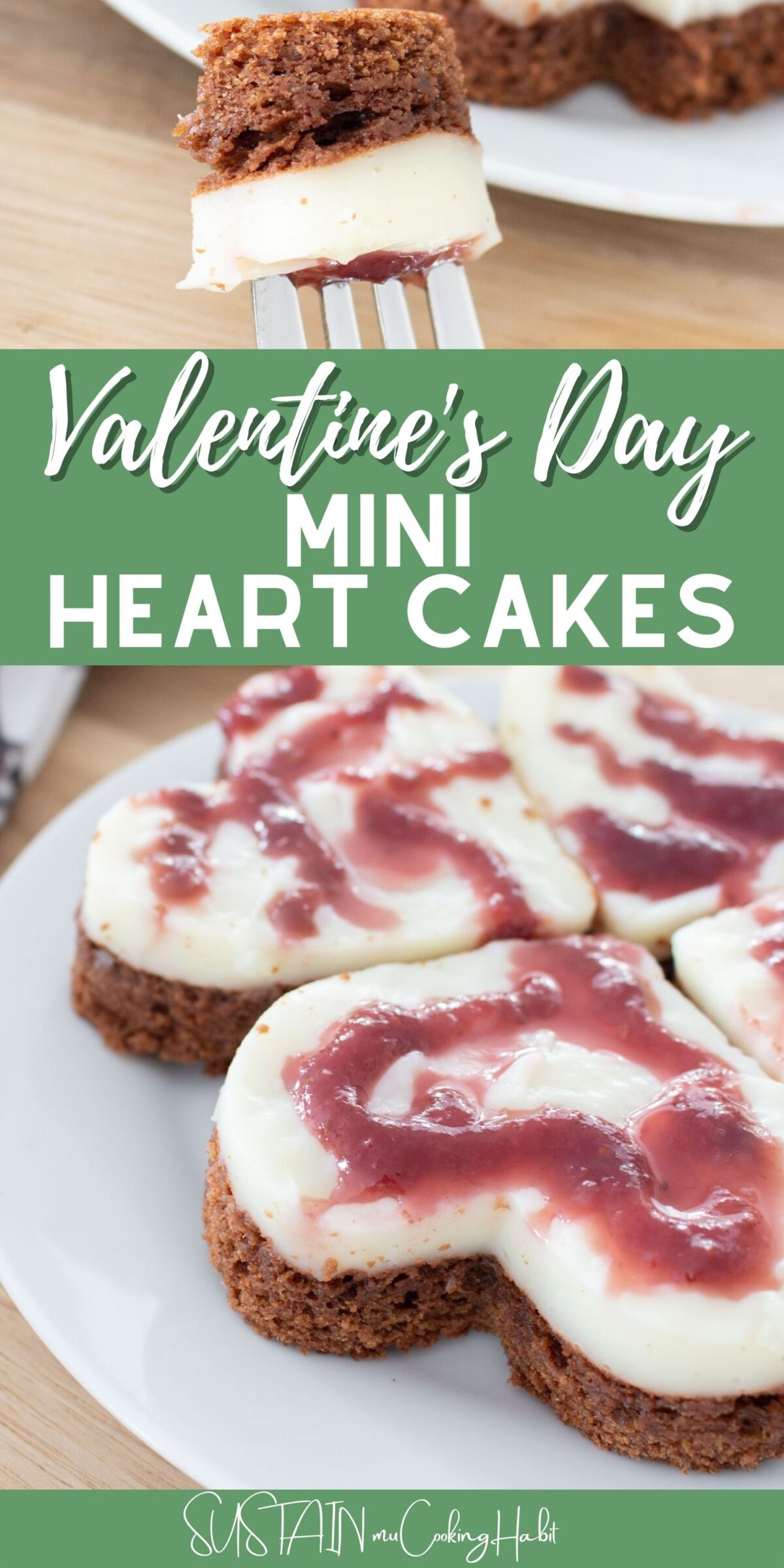 Collage of mini heart cakes and a cut piece on a fork. 