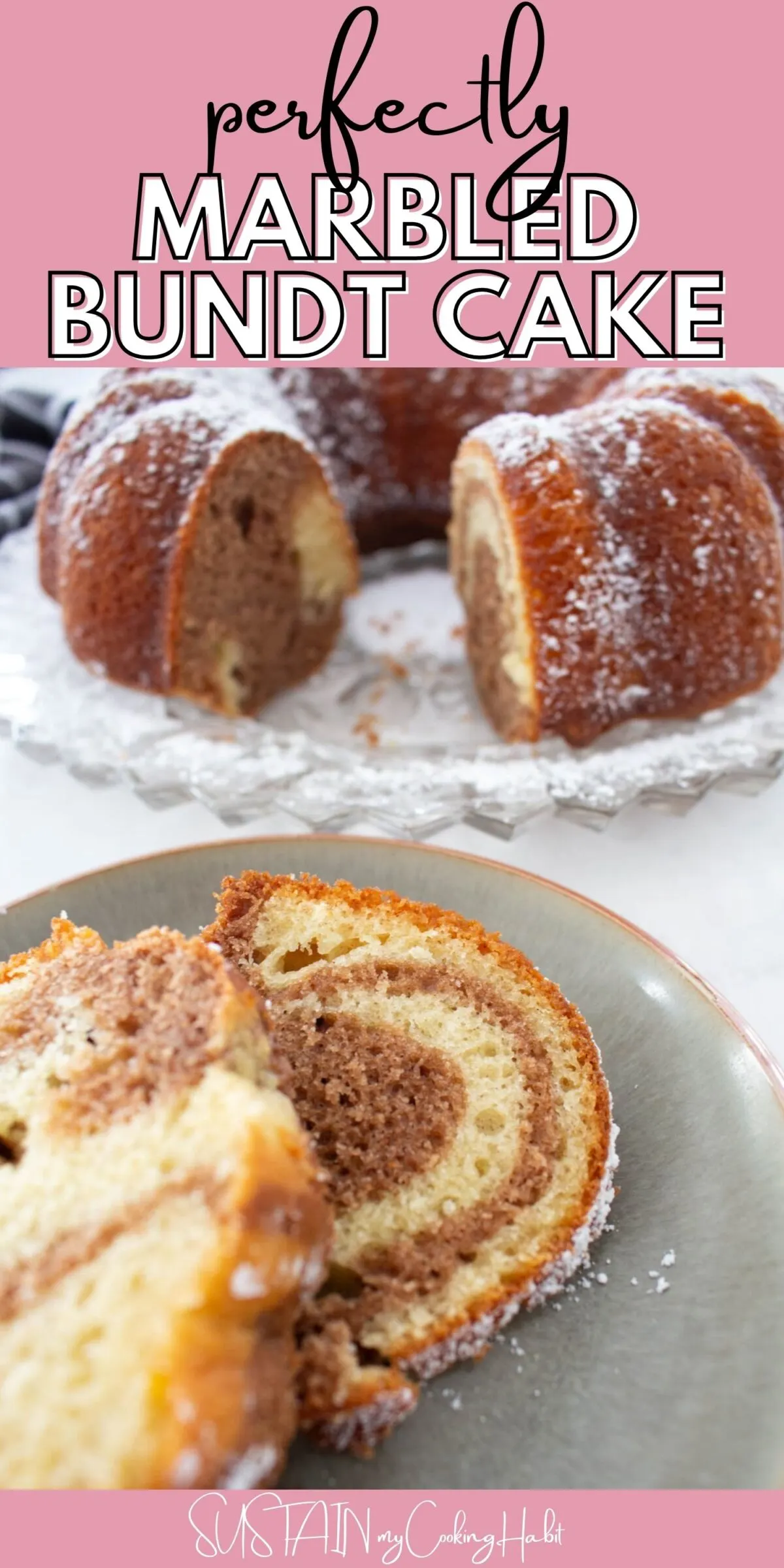 Close up of a marbled bundt cake with a slice taken out and placed on a plate.