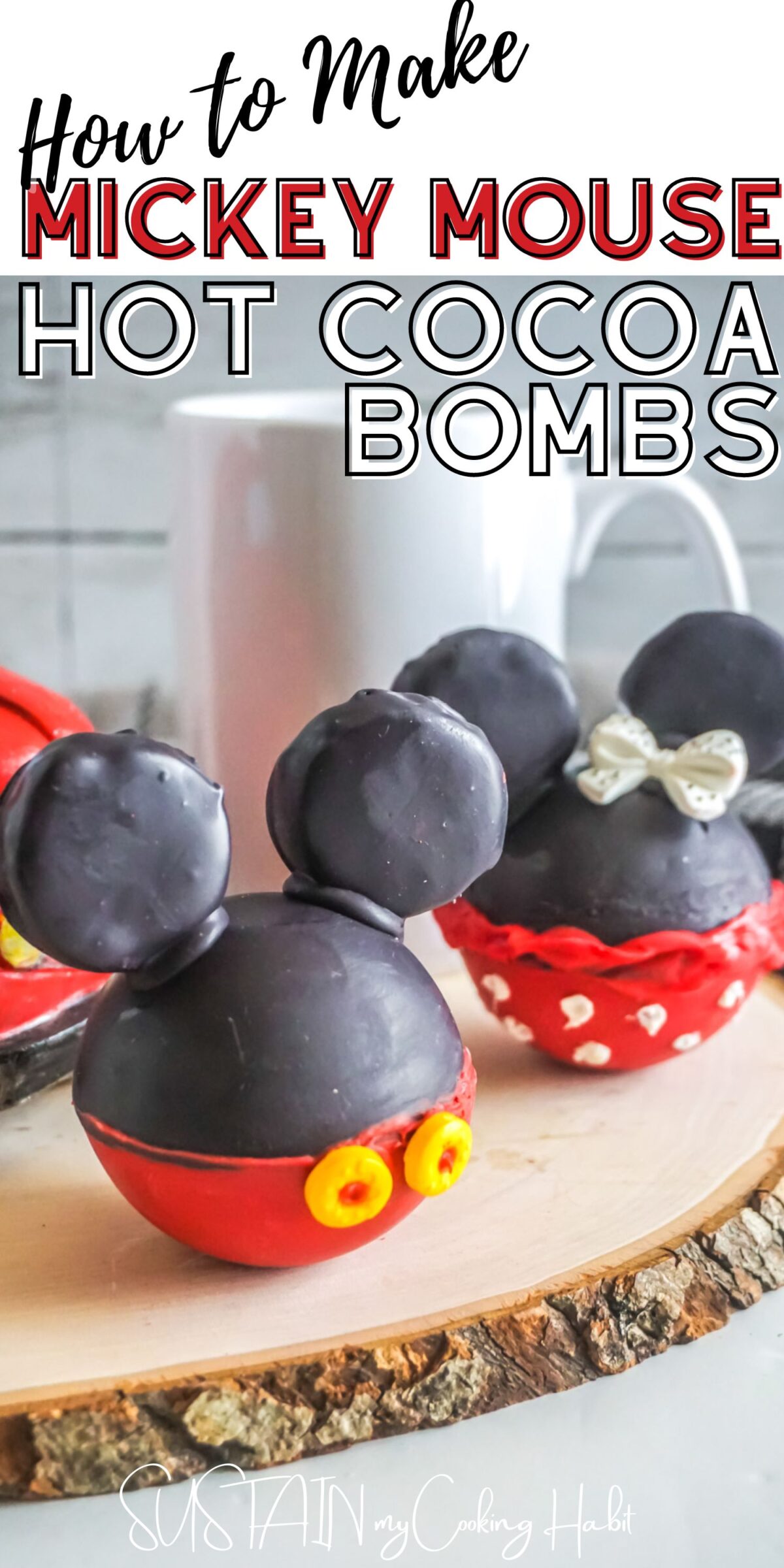 Mickey Mouse hot cocoa bombs with text overlay.