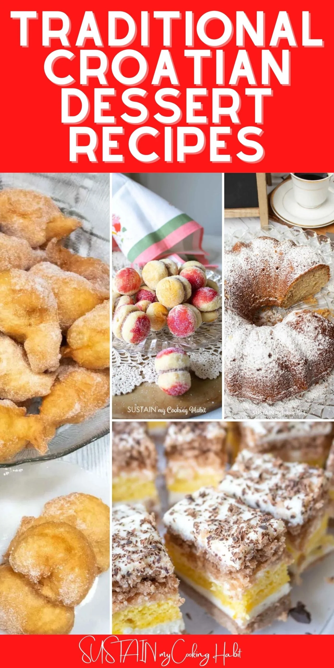 Collage of images with text overlay reading traditional Croatian dessert recipes. Images include kuglov, medena pita, breskvice and more.