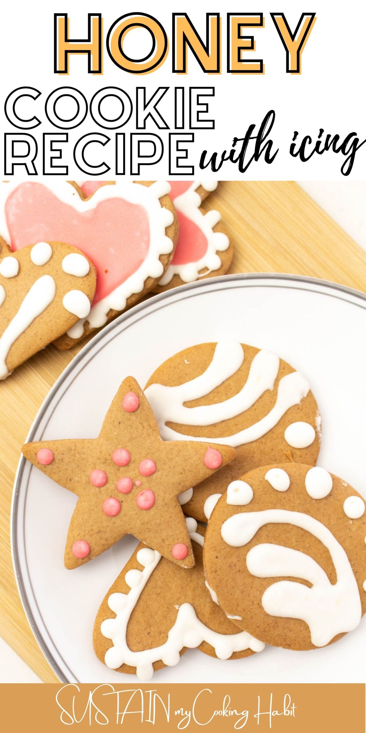 Honey sugar cookies cut into shapes like stars and hearts and placed on a plate.
