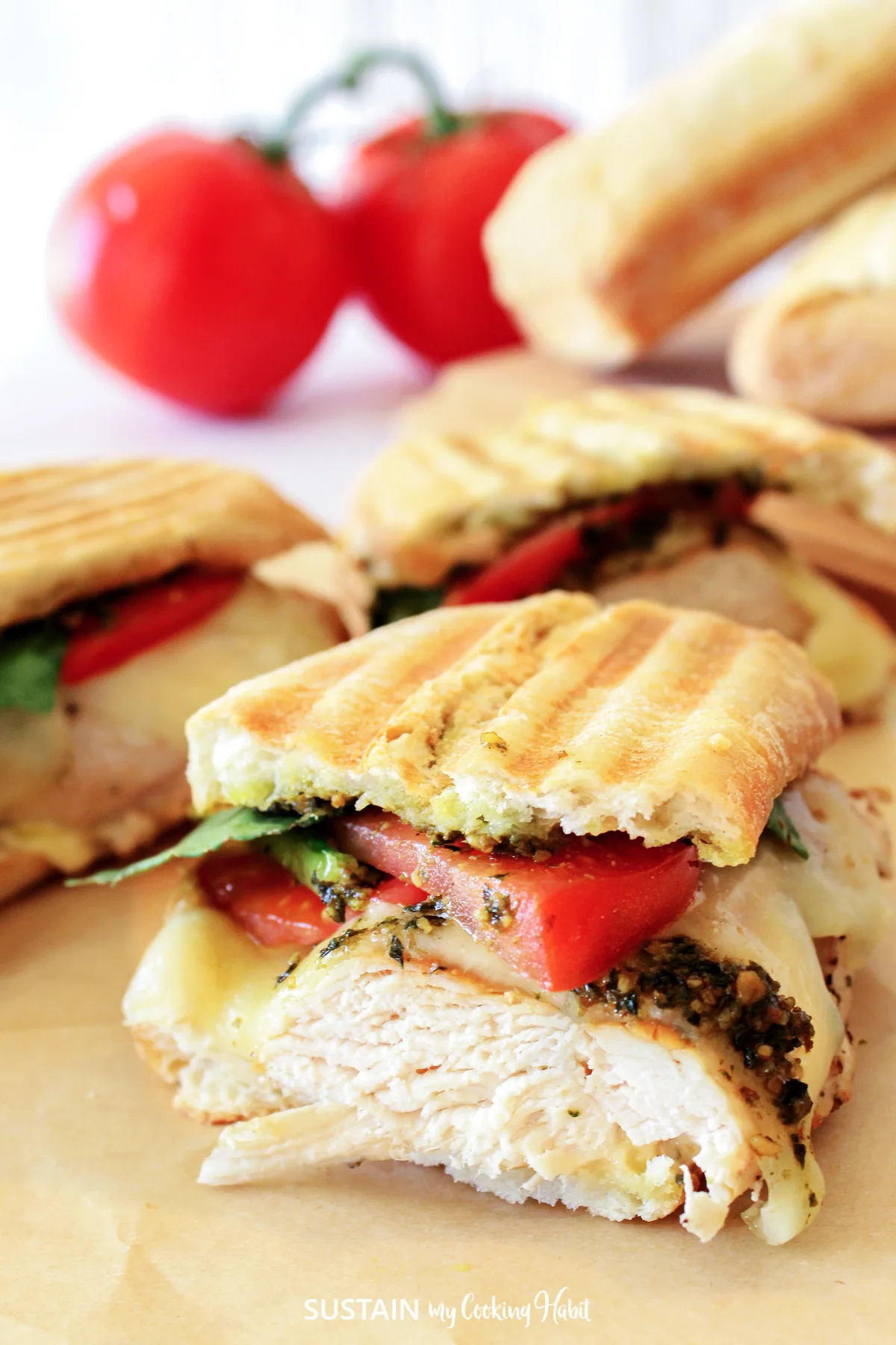 Close up of a chicken pesto panini sandwich.