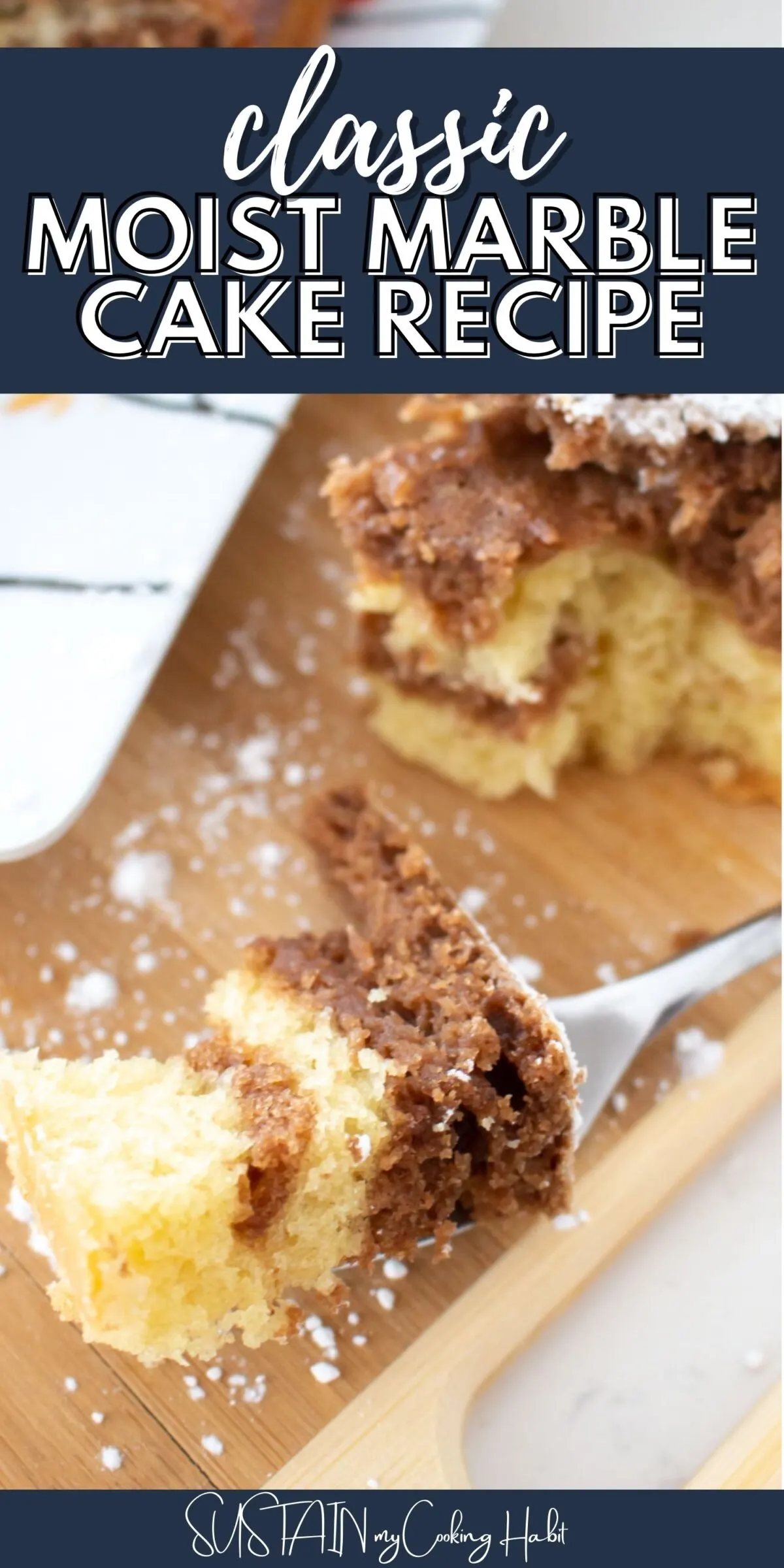 A close up of a piece of marble cake on a fork with text overlay.