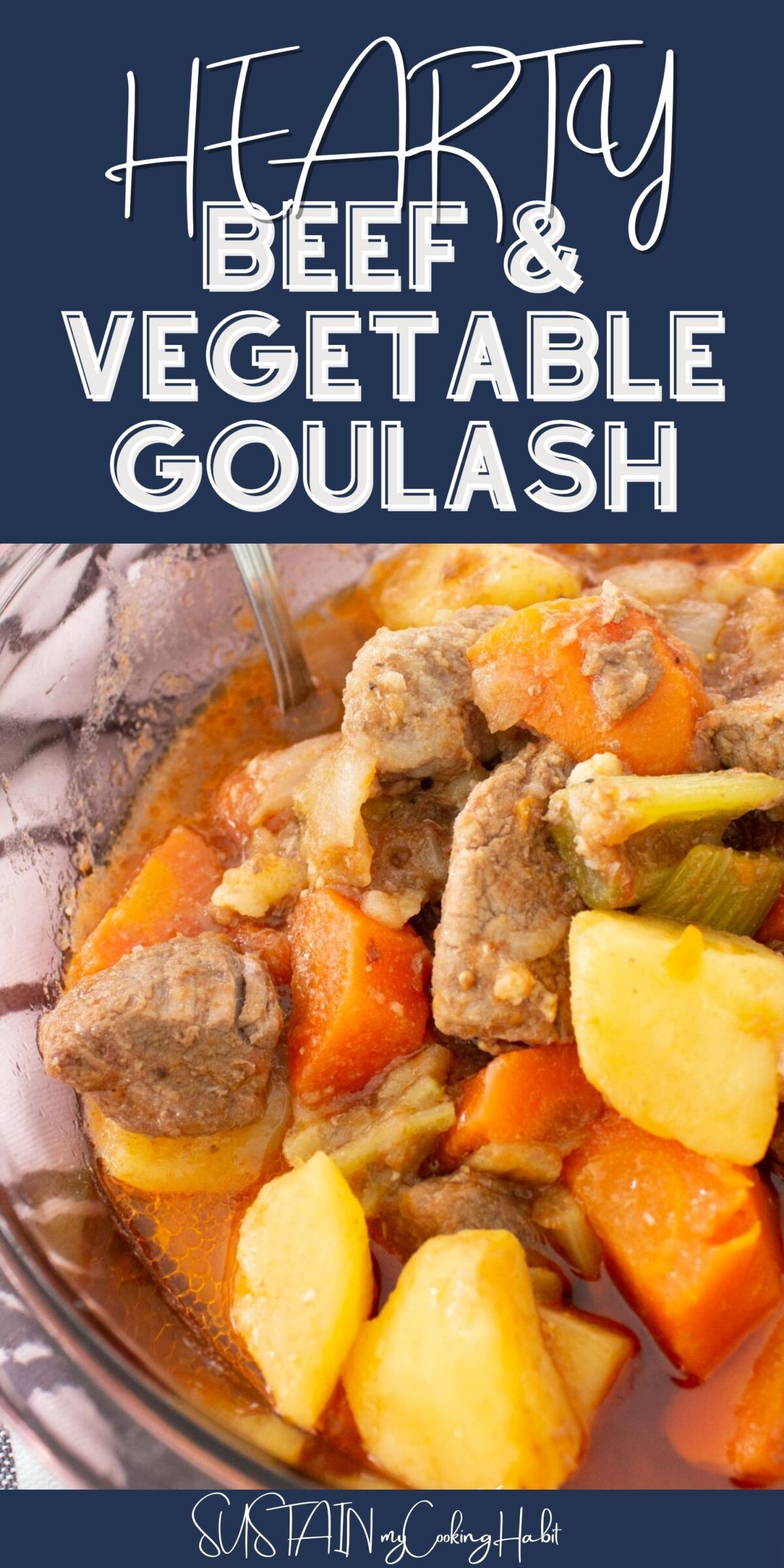 Close up of a bowl of hearty beef and vegetable goulash with text overlay.