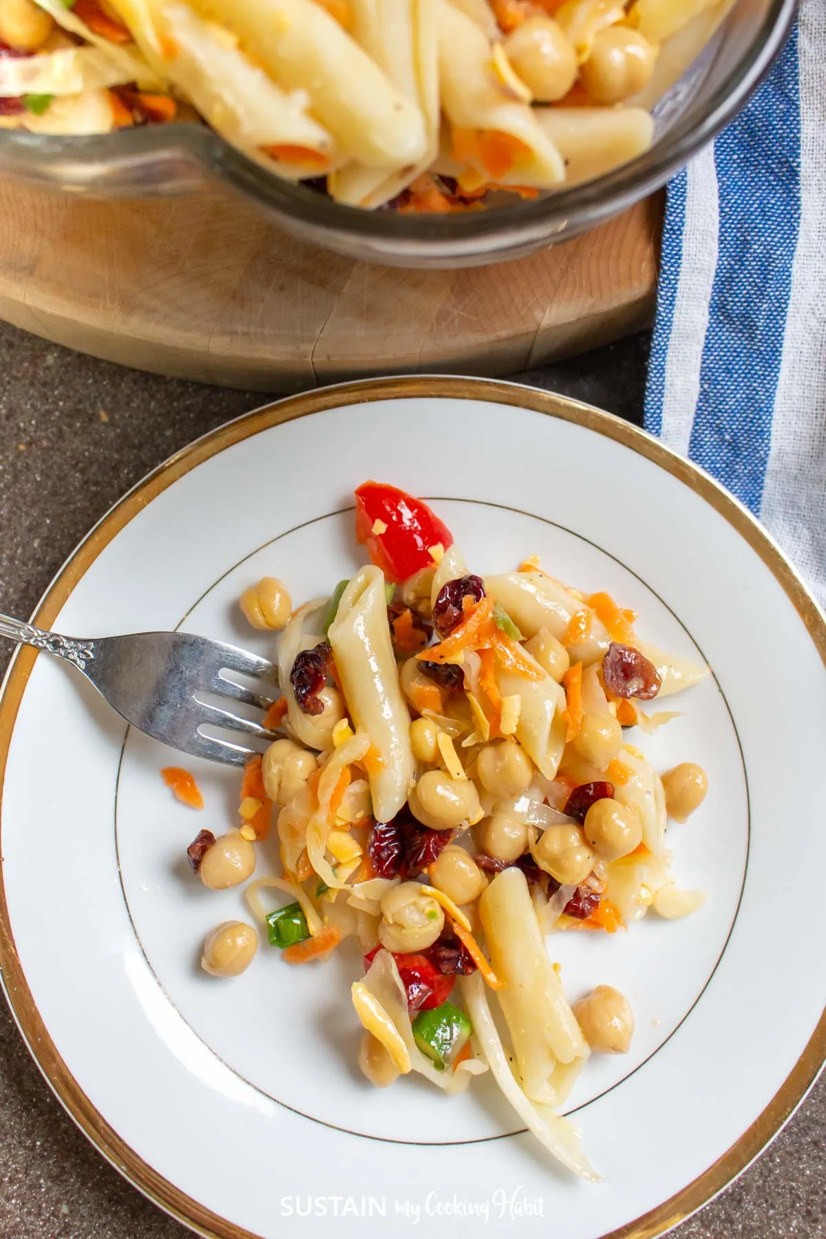 Chickpea pasta salad on a plate.