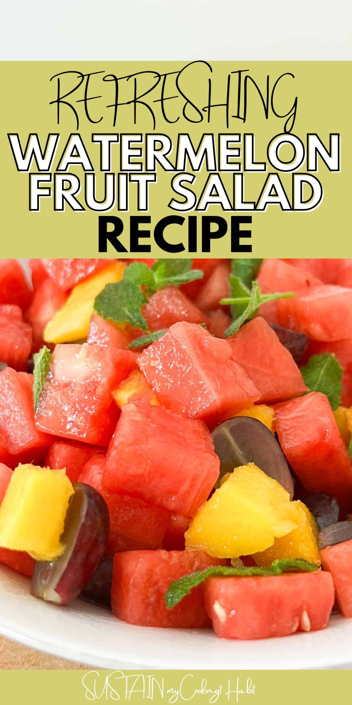 Closeup of watermelon fruit salad with text overlay.